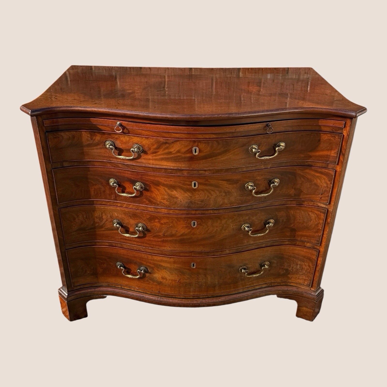 Antique Georgian 1760 Mahogany Serpentine Chest Of Drawers Writing Brush & Slide