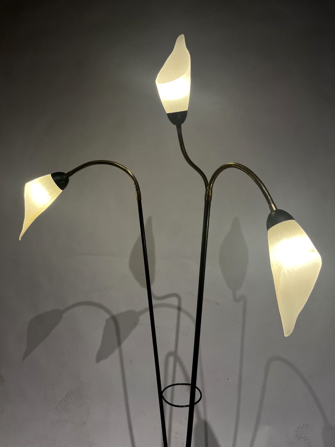 photo buy Midcentury 3 Arm Swan Neck French Tripod Standard Floor Lamp Brass Glass Steel 1950s