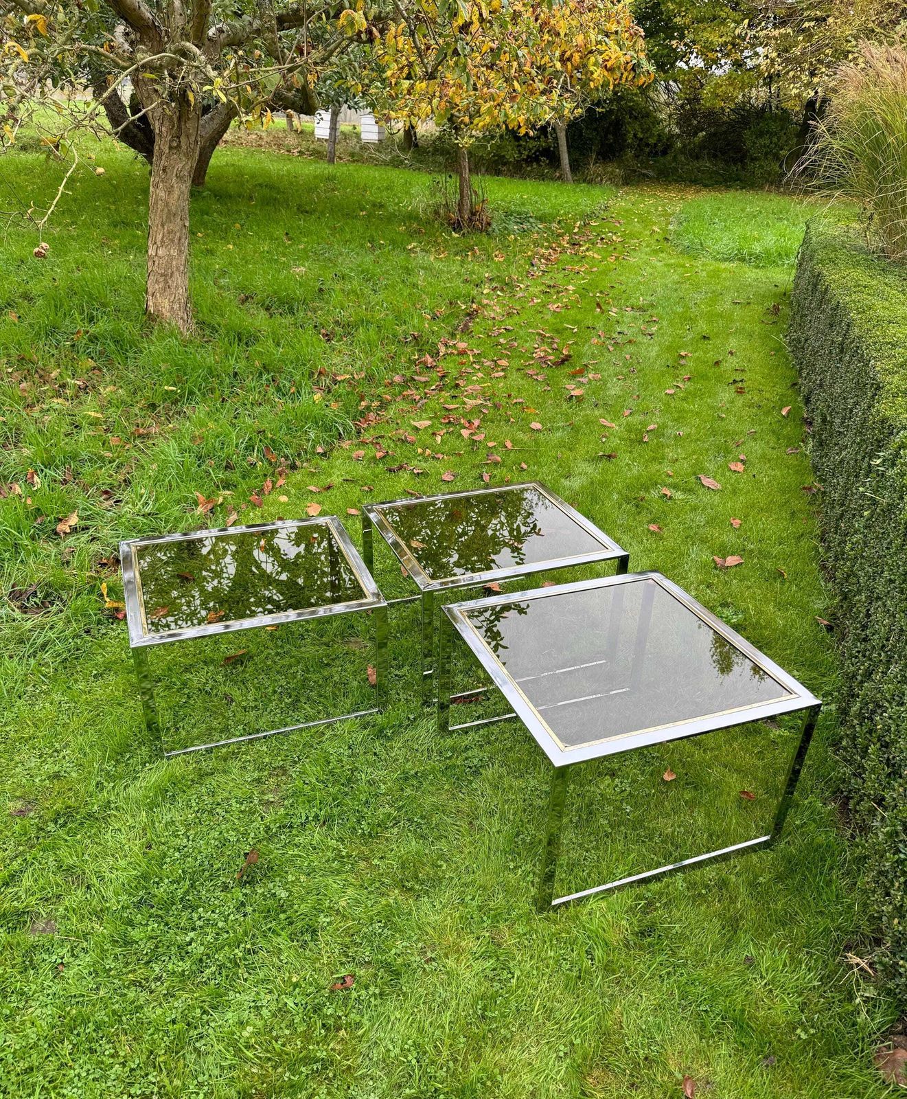 Milo Baughman Mid Century Modern Nest Of Three Chrome And Glass Tables photo Furniture
