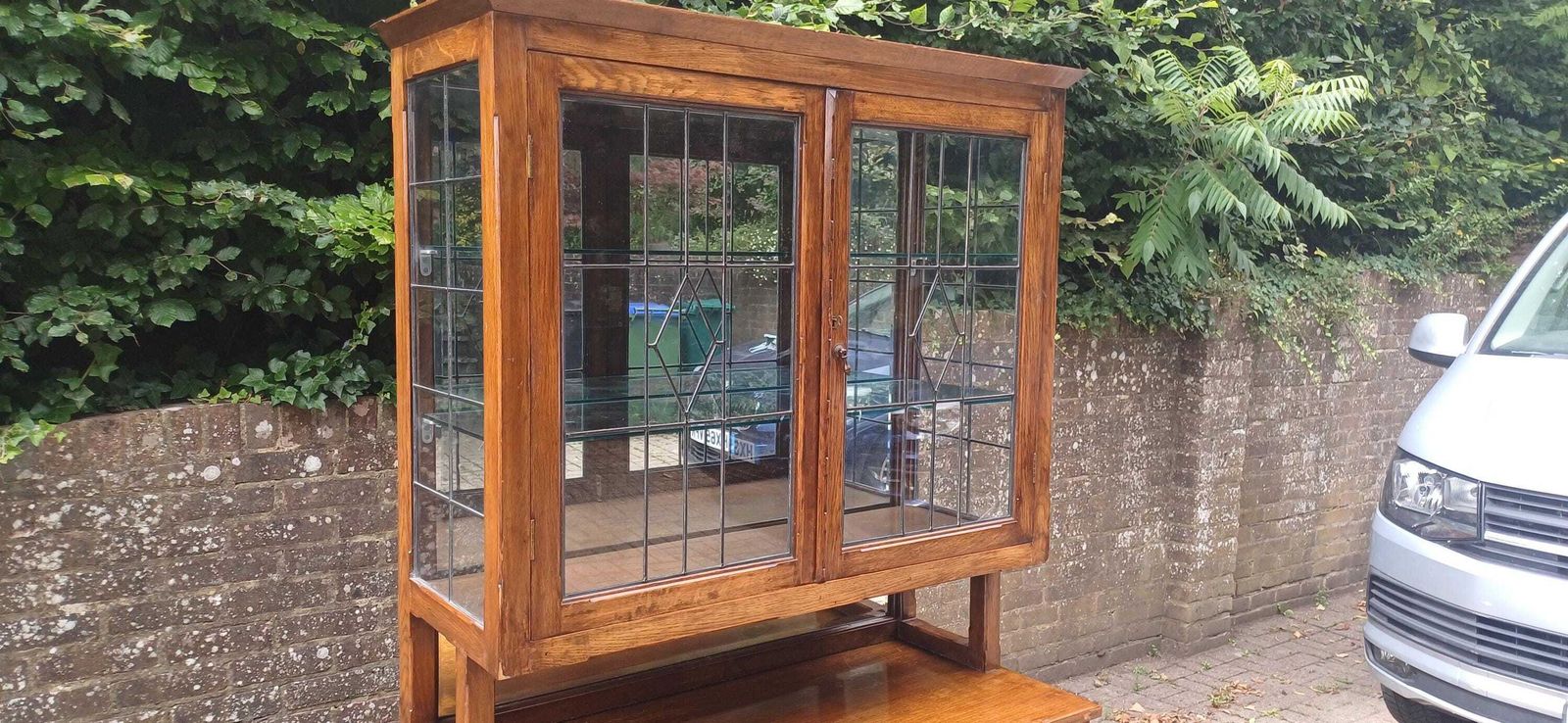 Massive Antique Arts & Crafts Oak Display Cabinet Leaded Glass Bookcase With Mirrored Back Glass Shelves Shopfitting photo furniture