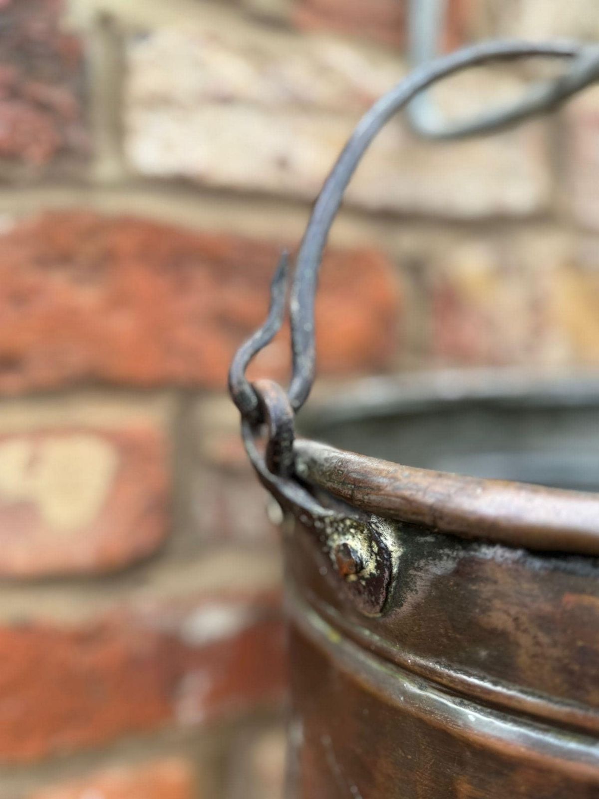 Antique Copper Cauldron Pot With Wrought Iron Handle – Rustic Garden Planter B photo furniture