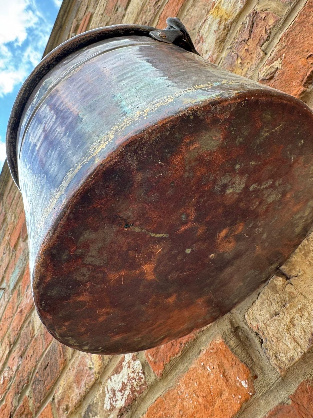 Antique Copper Cauldron Pot With Wrought Iron Handle – Rustic Garden Planter B photo for sale