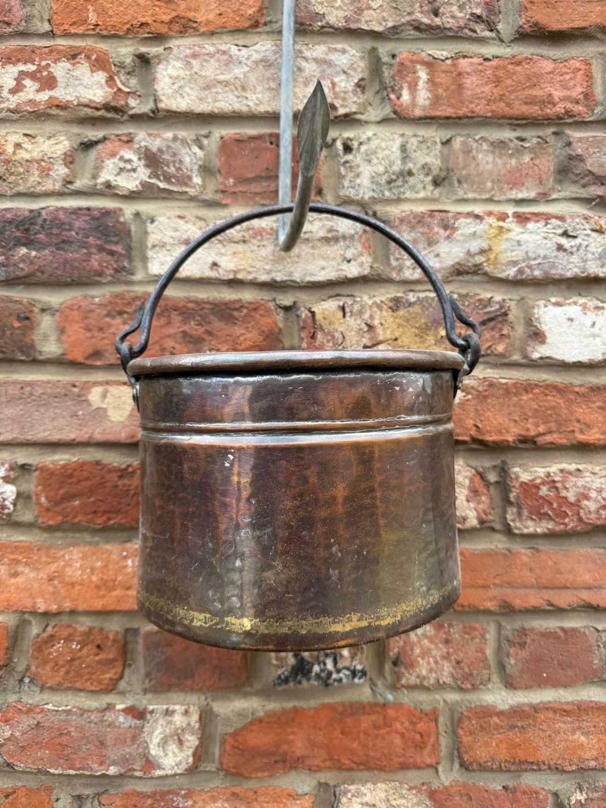 Antique Copper Cauldron Pot With Wrought Iron Handle – Rustic Garden Planter B photo buy