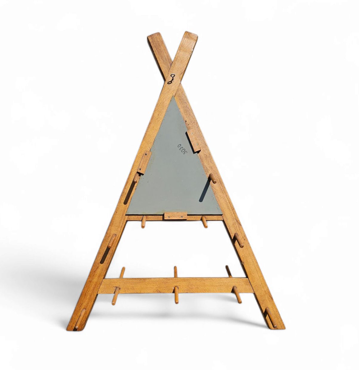 photo for sale Wooden Wall Coat Rack / Triangular Shape / Triangle Mirror At The Top / 1960s