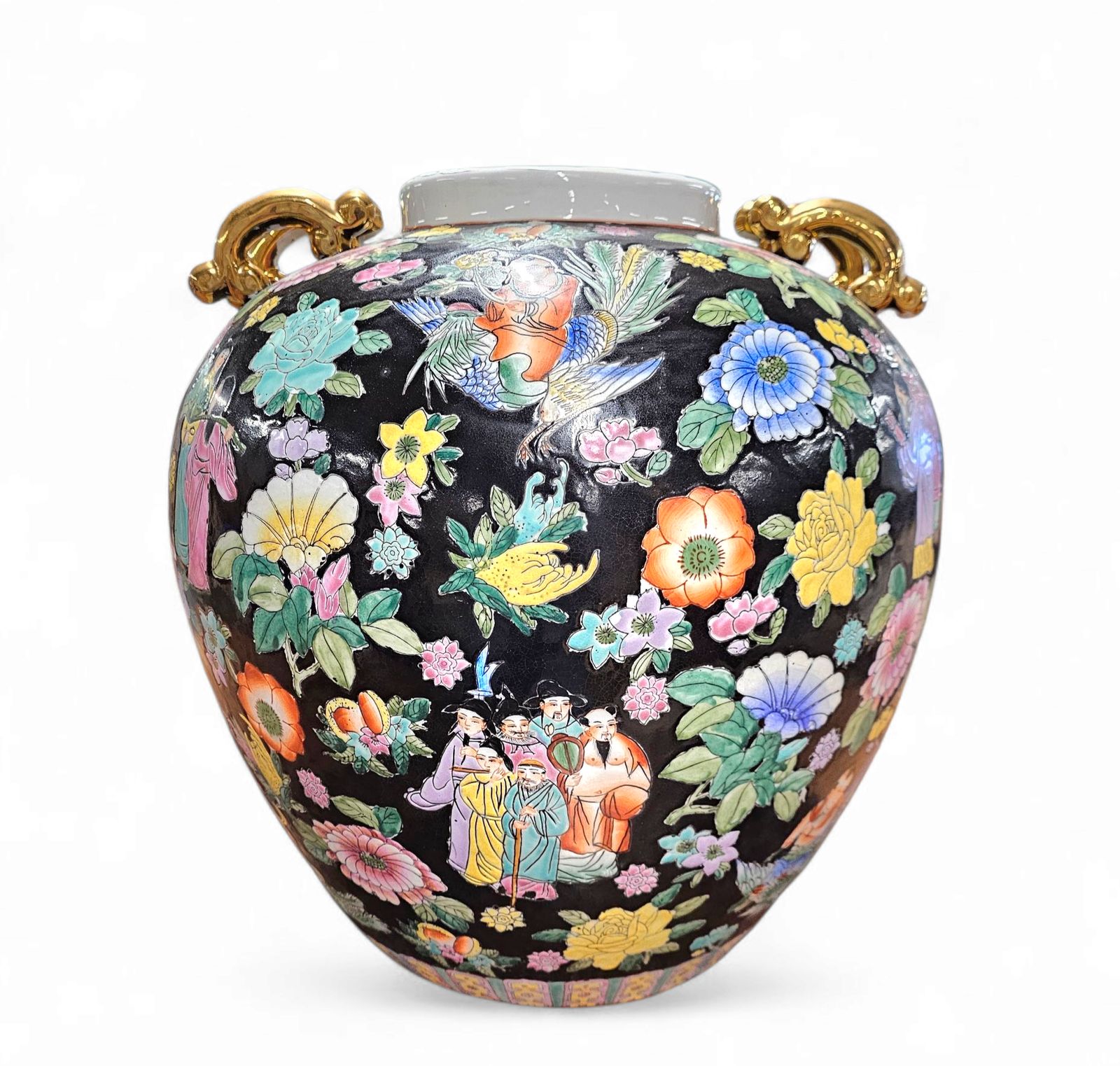 photo for sale Large Famille Noir Chinese / Porcelain Ginger Jar / Hand Painted / Mille Fleur