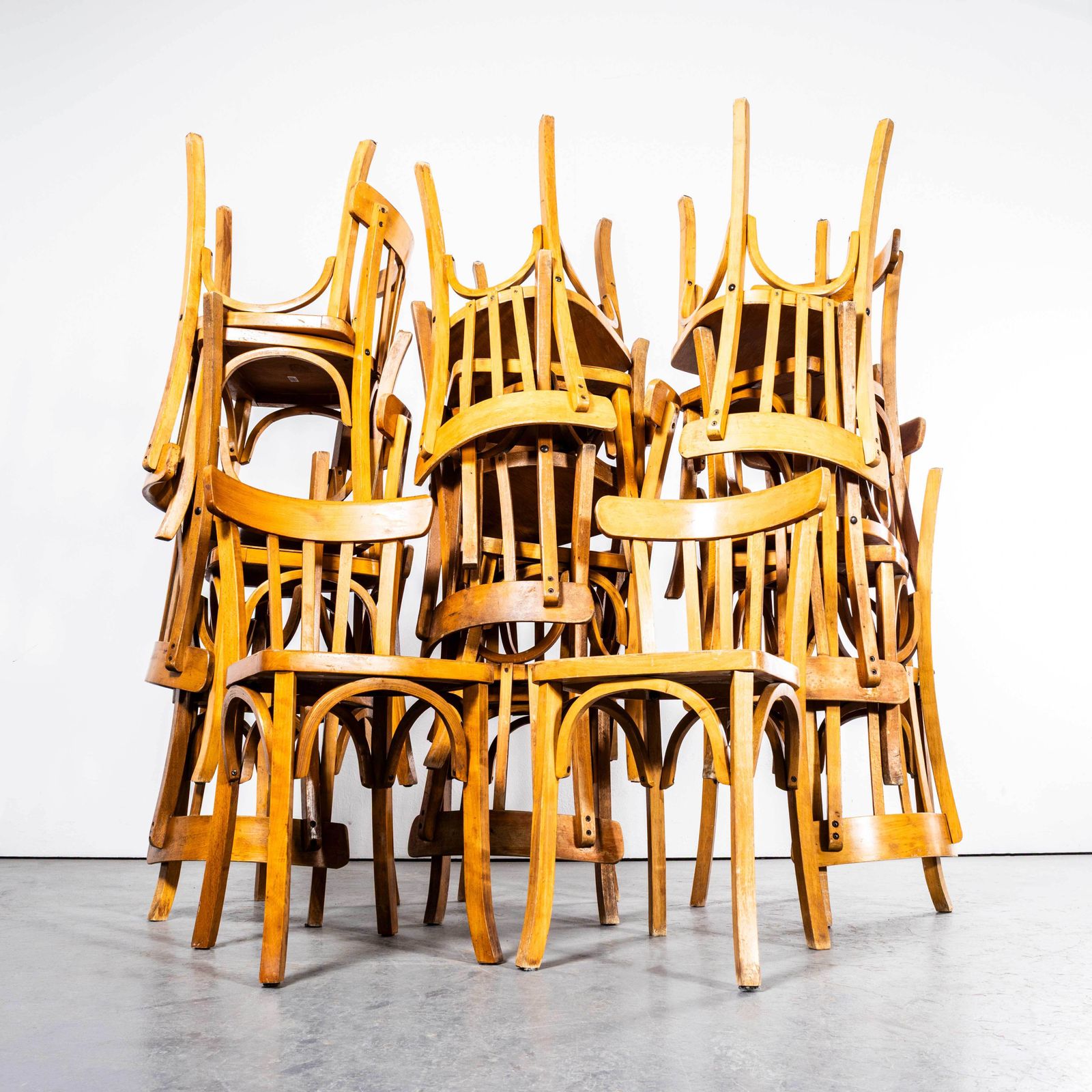 1950’s Standard Flat Seat Bistro Blonde French Dining Chairs   Set Of Six photo for sale