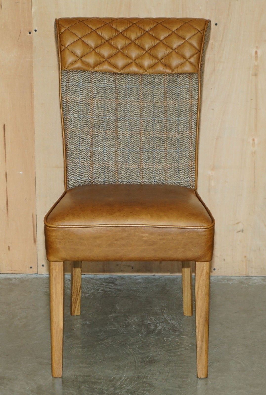 Pair Of Chesterfield Harris Tweed Brown Leather Hall Chairs Part Of Large Suite photo for sale