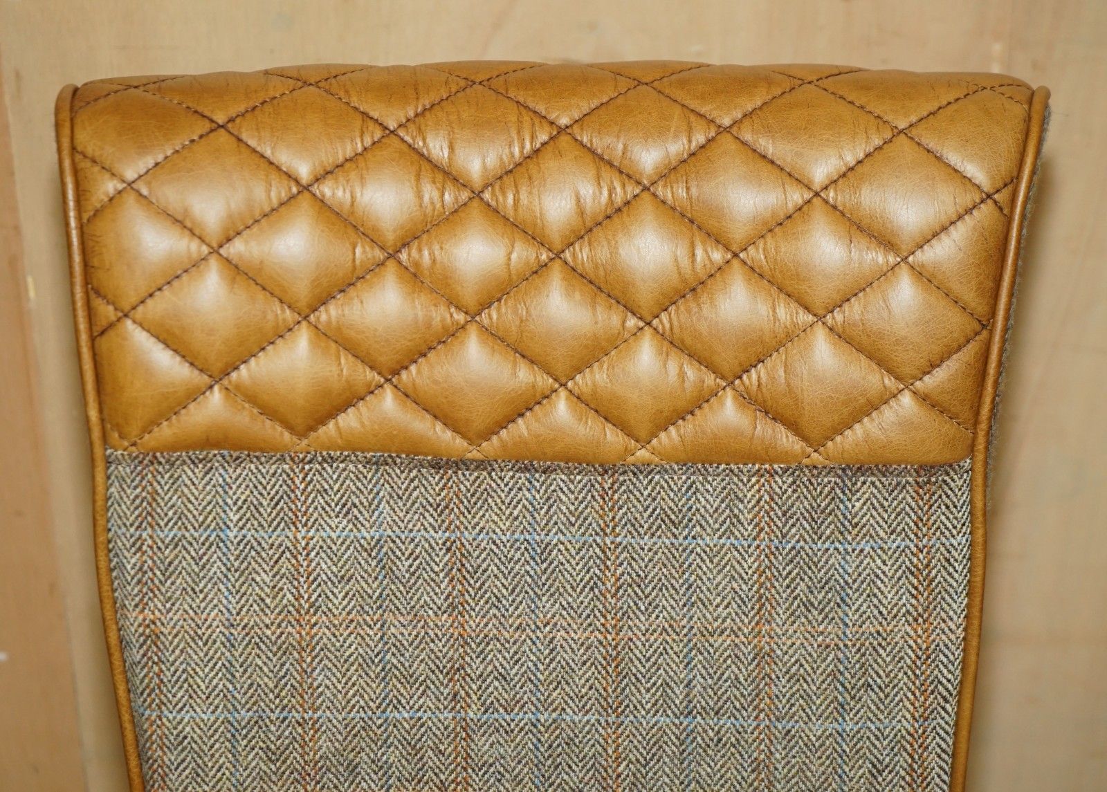 Pair Of Chesterfield Harris Tweed Brown Leather Hall Chairs Part Of Large Suite photo 595.0