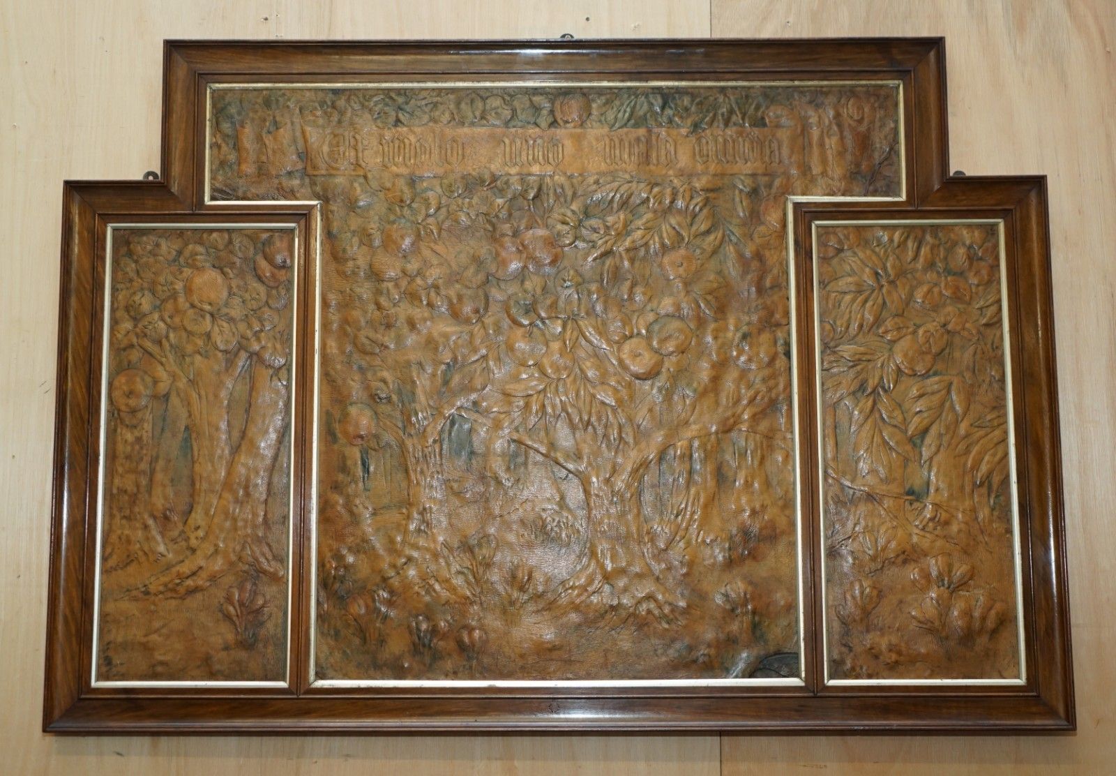 Original 1912 Ada Neville Rolfe Leather Embossed Art Nouveau Mahogany Wall Panel
