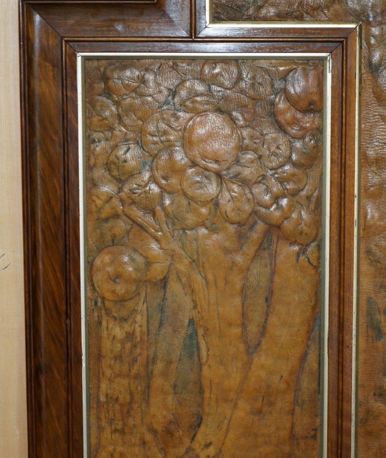 Original 1912 Ada Neville Rolfe Leather Embossed Art Nouveau Mahogany Wall Panel photo for sale