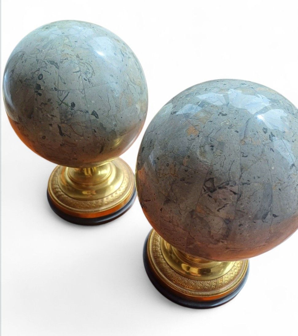 Rare Pair Anthony Redmile Globes  Castellated Polished Stone And Signed photo for sale
