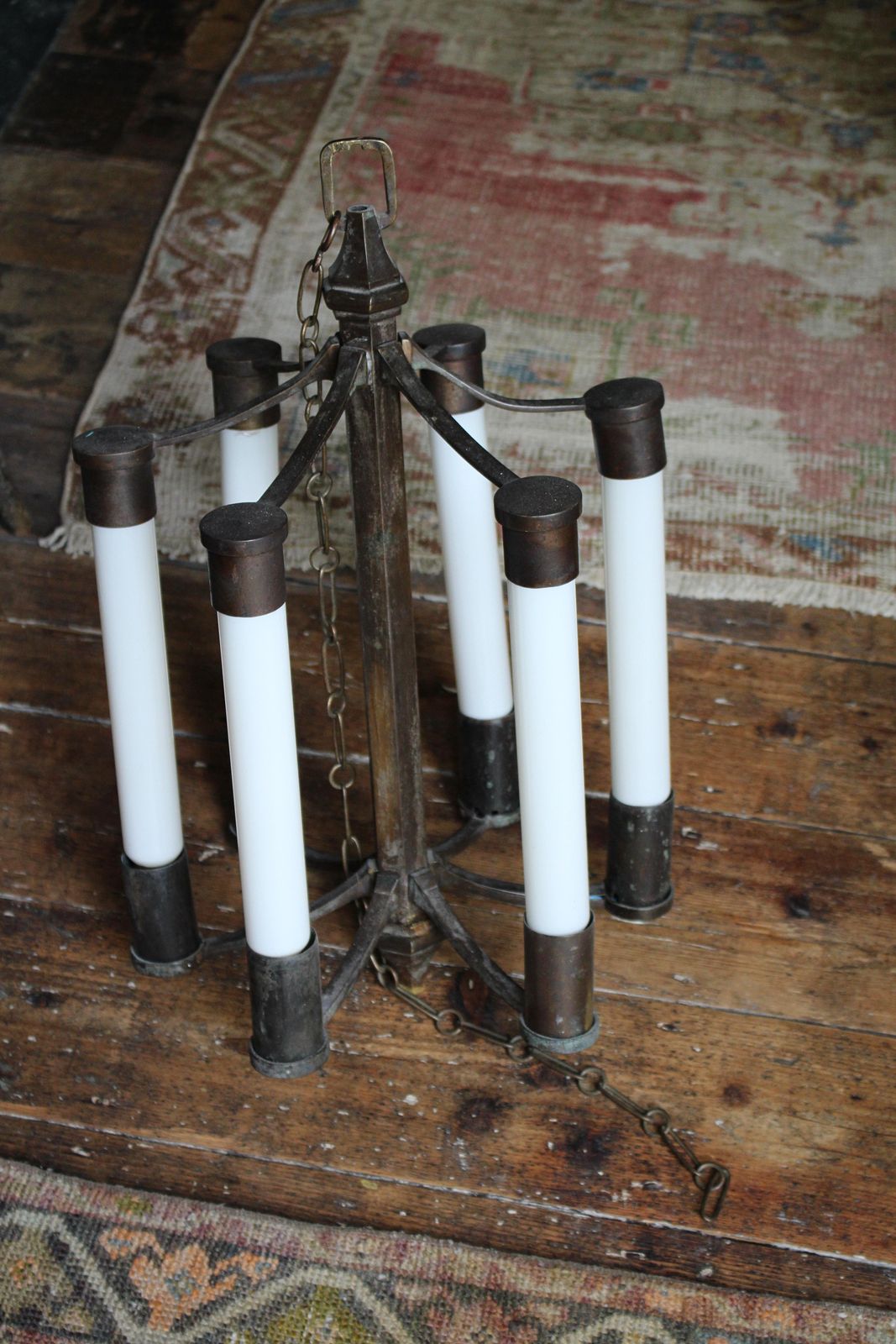 Early 20th Century Art Deco Large Modernist Bronze Pedestal Pendant Lantern photo vintage