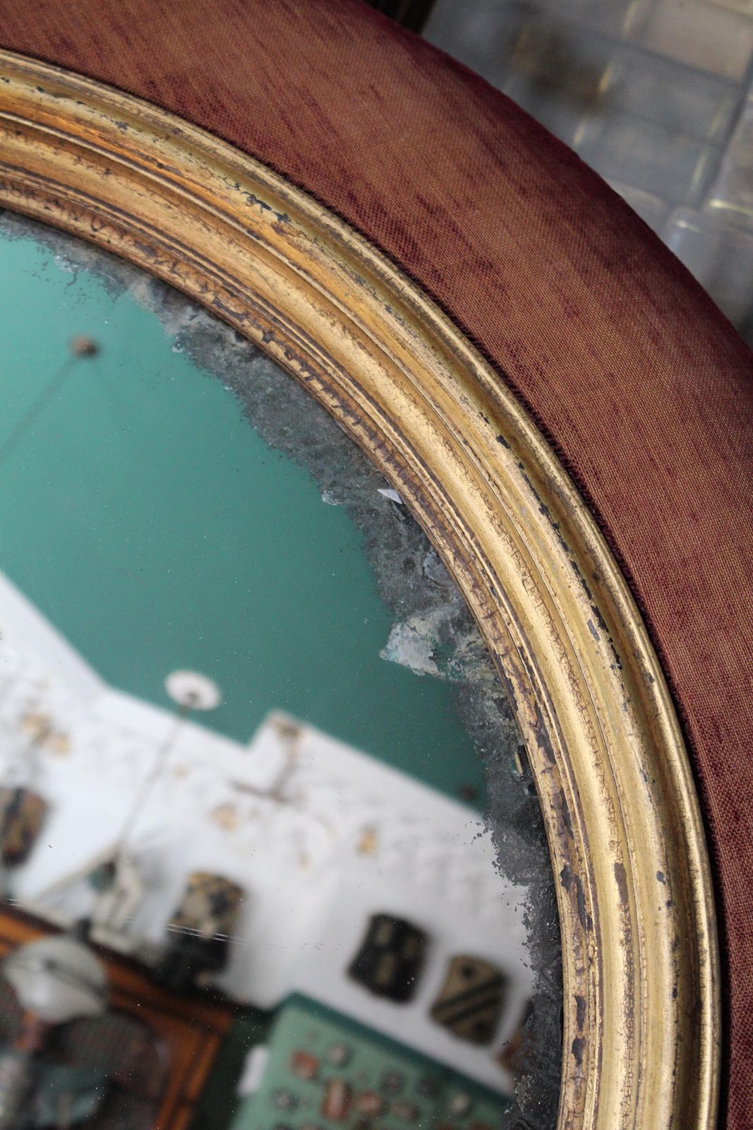 19th Century Faded Velvet Foxed Mercury Convex Country House Mirror photo 914.0