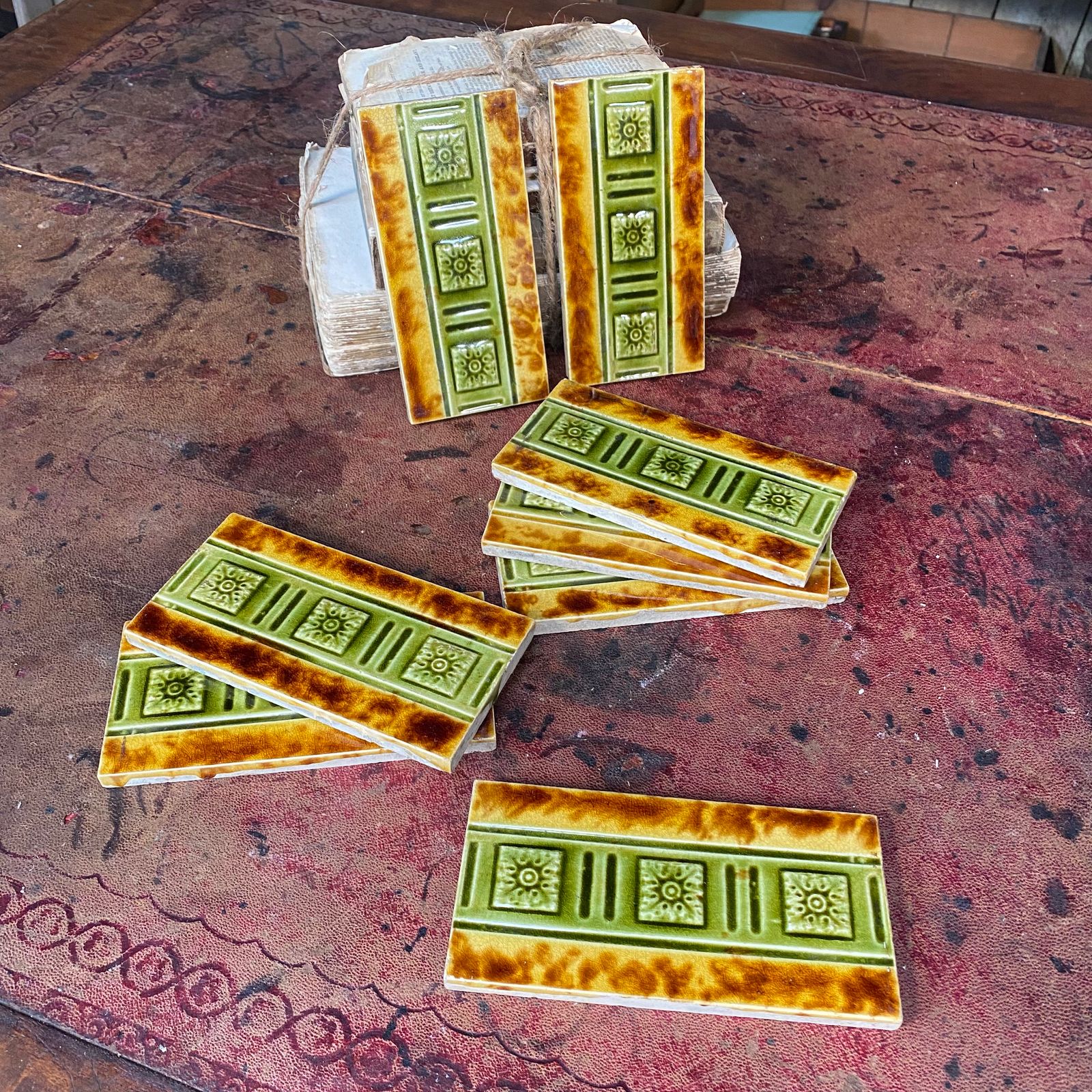 Antique Majolica Tin Plate Glazed Green Brown Embossed Metro Style Tile Set Of 8 photo 125.0