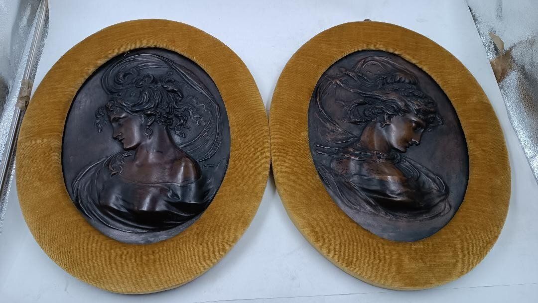 Pair Of Art Nouveau Bronze Reliefs Of Female Faces