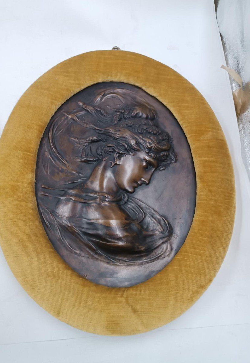 Pair Of Art Nouveau Bronze Reliefs Of Female Faces photo for sale