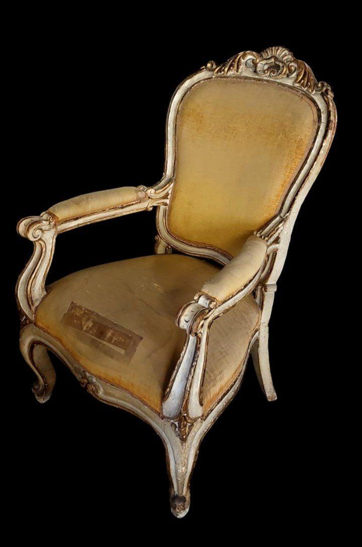 18th Century Antique Lacquered And Gilded Carved Wooden Armchair photo for sale