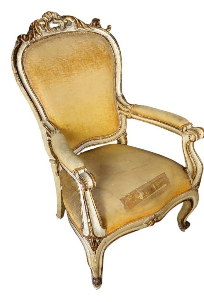Furniture 18th Century Antique Lacquered And Gilded Carved Wooden Armchair photo
