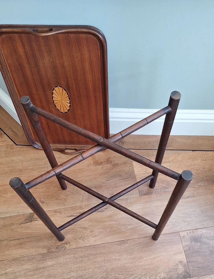 Antique Mahogany & Satinwood Sheraton Revival Inlaid Butlers Tray & Folding Stand photo furniture