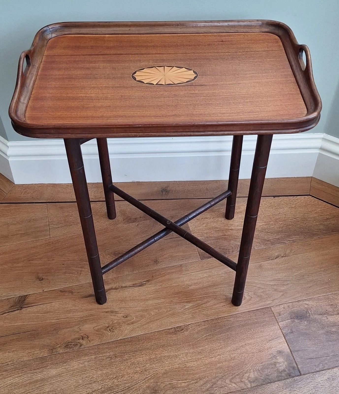 Antique Mahogany & Satinwood Sheraton Revival Inlaid Butlers Tray & Folding Stand