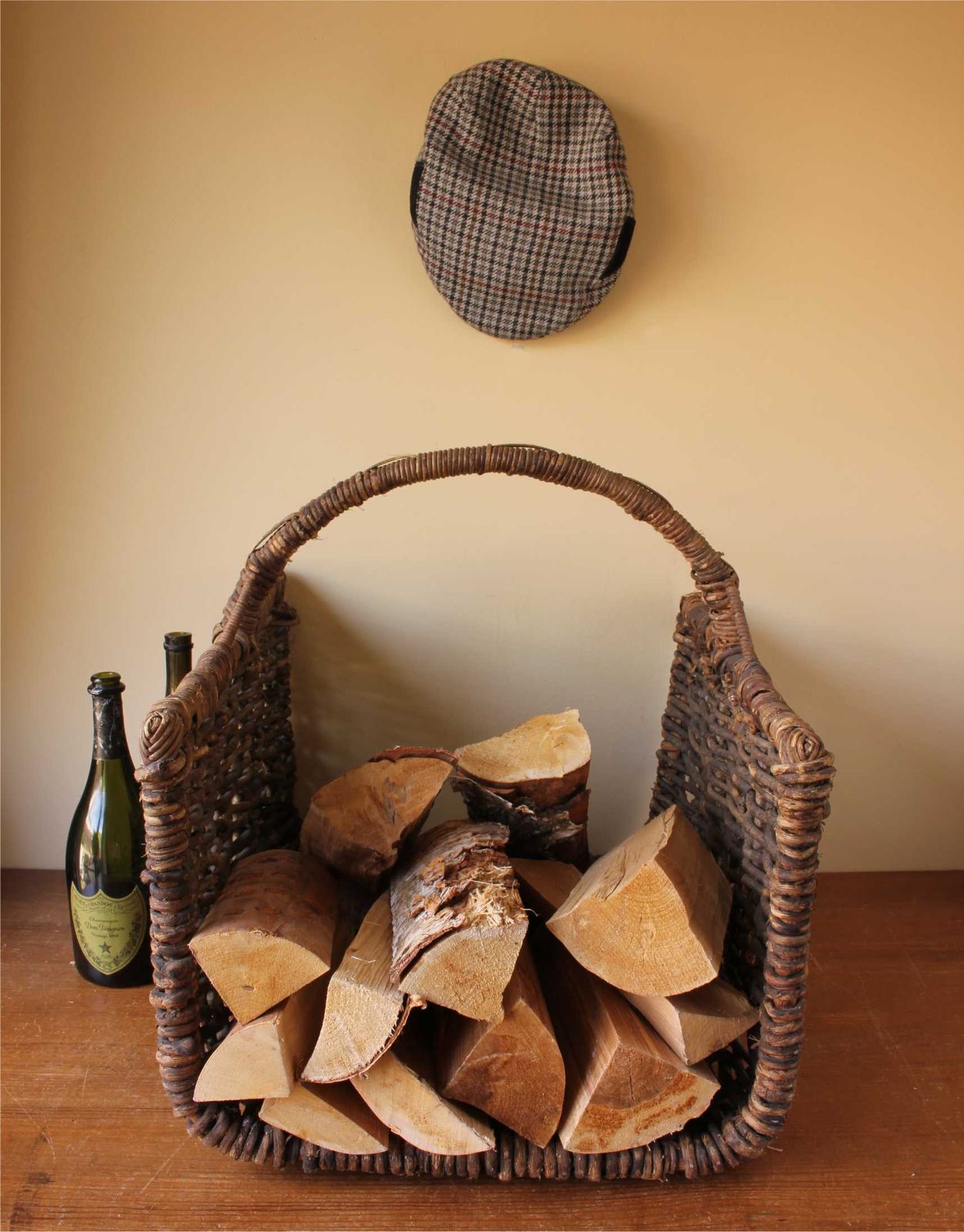 Large Rustic Open End Wooden Log Bin. Hand Woven French Harvest Basket. photo for sale