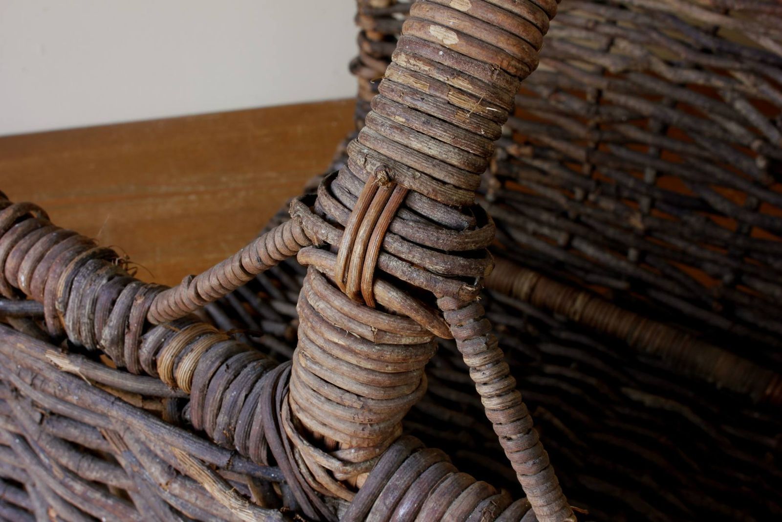 595.0 Large Rustic Open End Wooden Log Bin. Hand Woven French Harvest Basket. photo