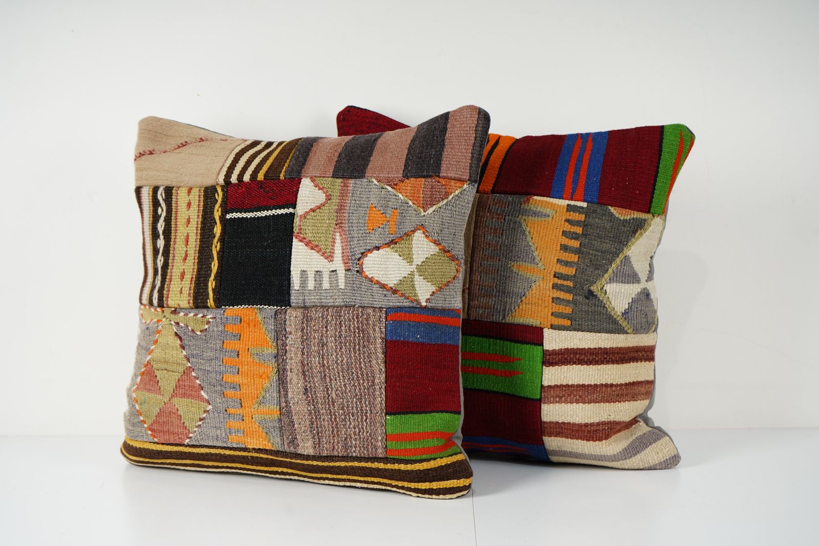 Set Turkish Patchwork Cushion Covers, Handmade Wool Kilim Pillows, Tribal Decorative Throw For Boho Living Room Gift photo furniture