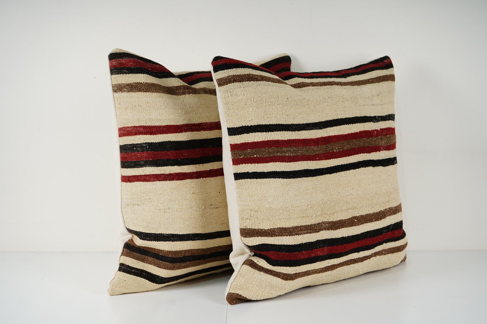 Turkish Hemp Kilim Pillow Cover, Set Of Two White Striped Anatolian Cushion Cover, Pair Organic Tribal Pillowcase photo 125.0