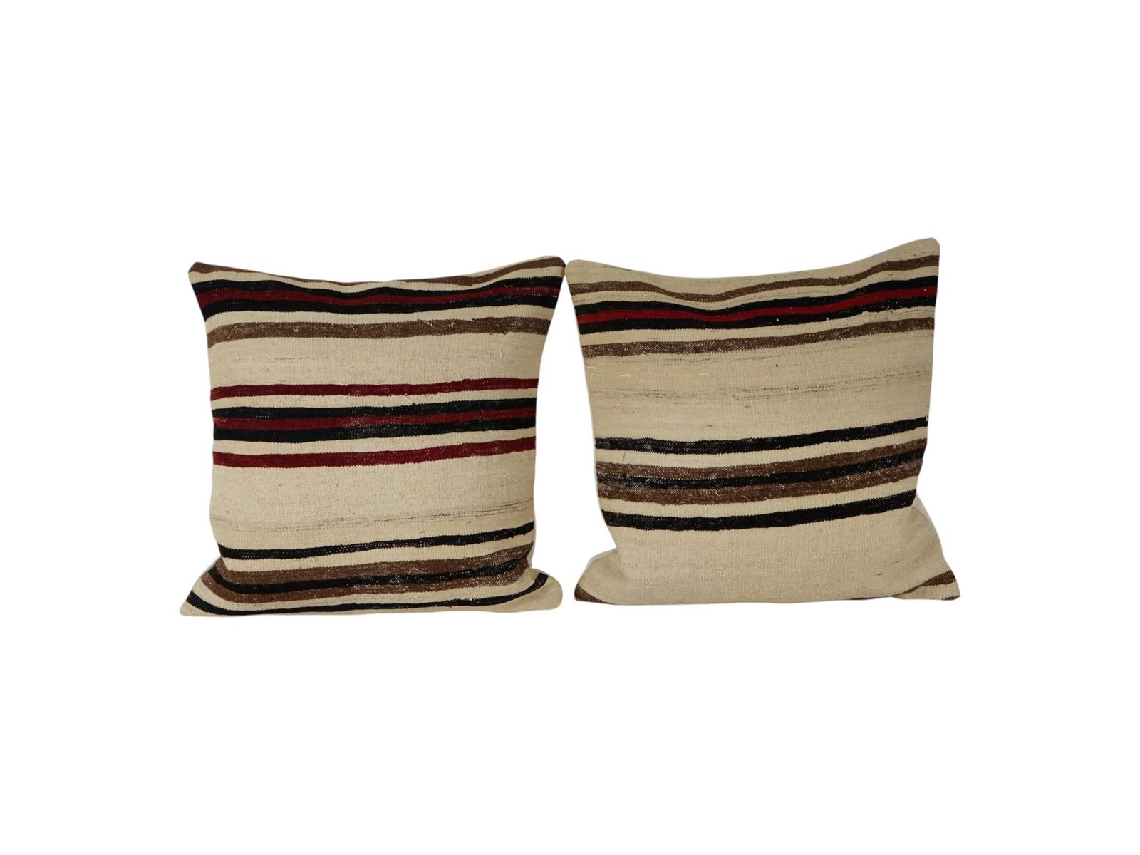 White Turkish Hemp Kilim Pillow Cover, Set Of Two Red Striped Anatolian Cushion Cover, Pair Organic Tribal Pillowcase