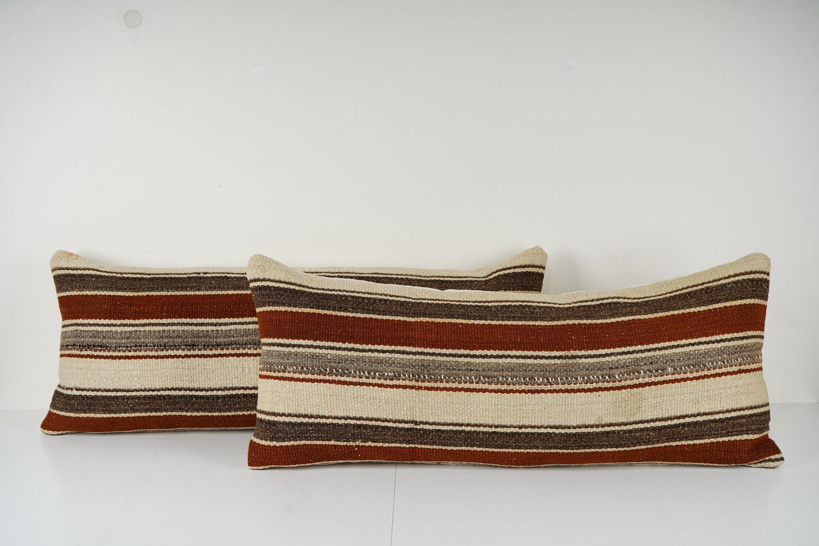 Turkish Hemp Kilim Pillow Cover Set Of 2, White Striped Anatolian Cushion Covers, Organic Tribal Lumbar Pillowcases photo furniture