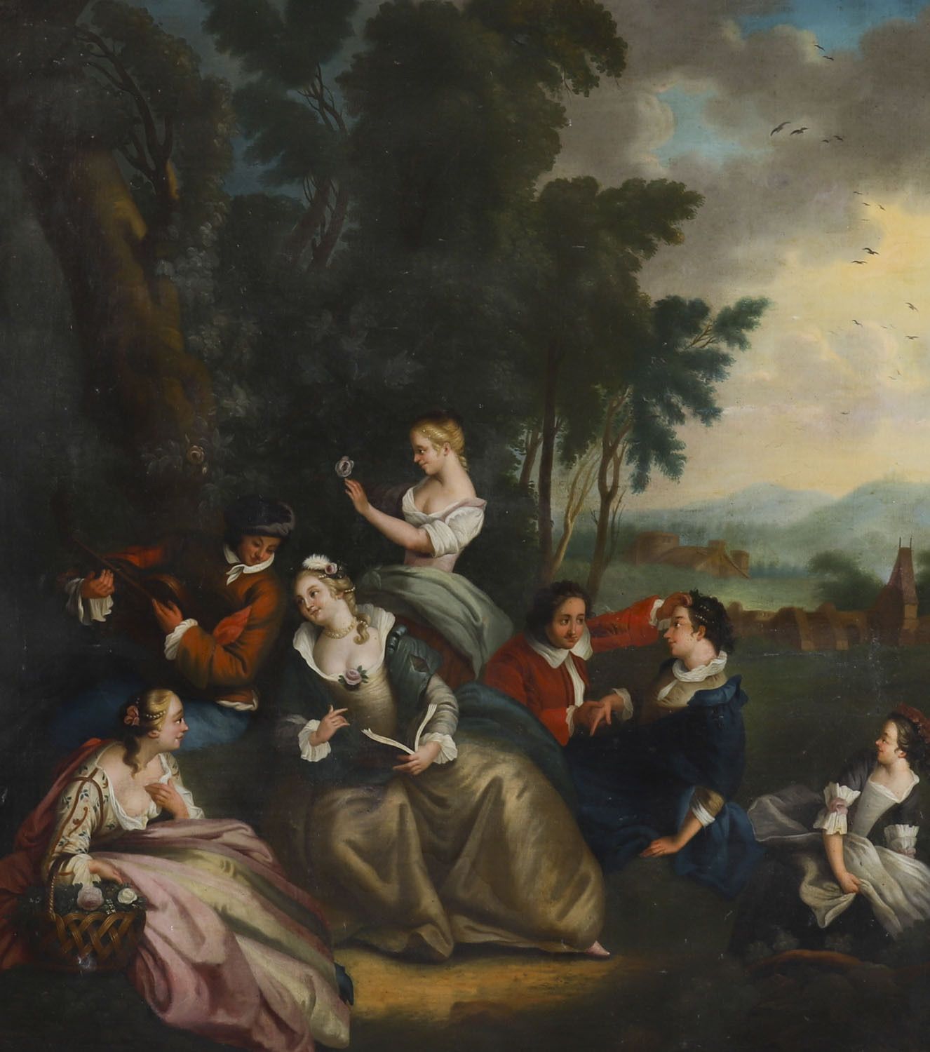Antique Oil On Canvas  Painting "Party Picnicking" After Watteau 18thc photo furniture