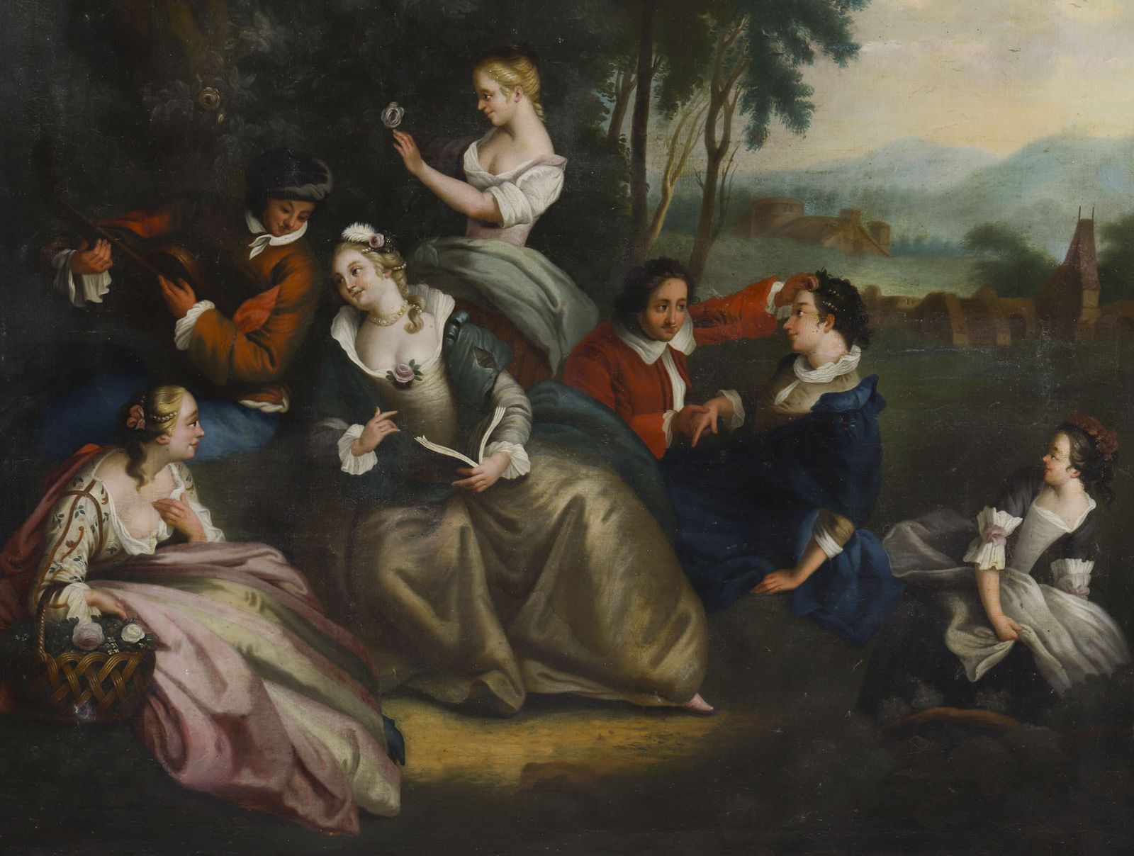 Antique Oil On Canvas  Painting "Party Picnicking" After Watteau 18thc photo for sale