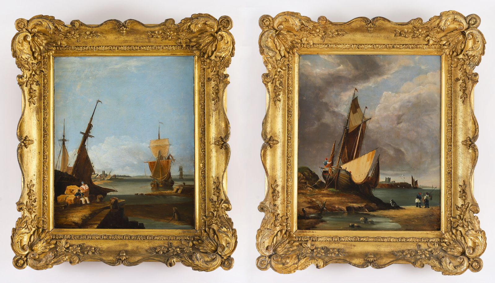 Antique Pair Of Coastal Scene Maritime Oil Paintings  19th Century