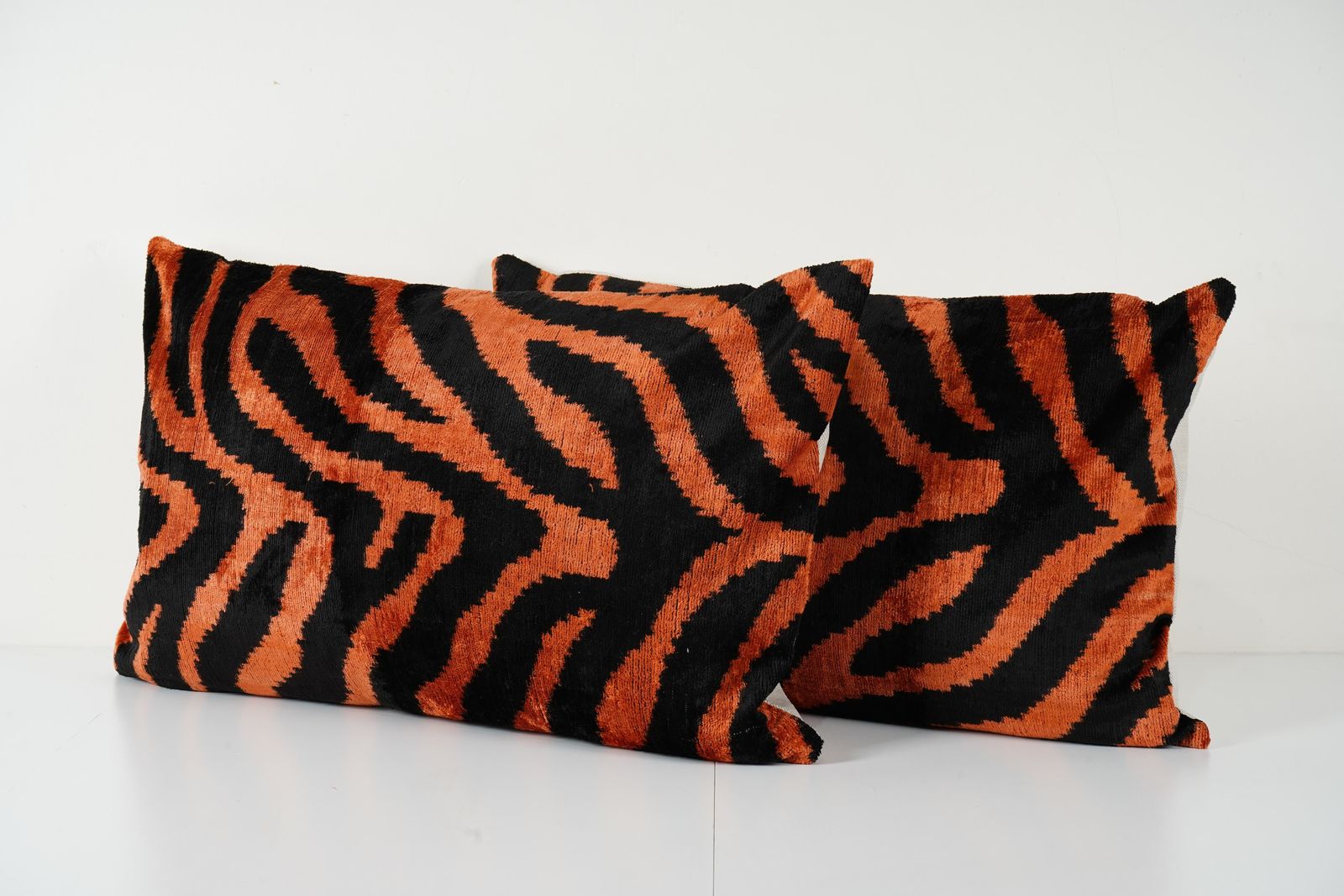 Silk Ikat Velvet Pillow Cover Set | Vermilion & Black Tiger Print Lumbar Pillows | Decorative Cushion Covers photo Textiles