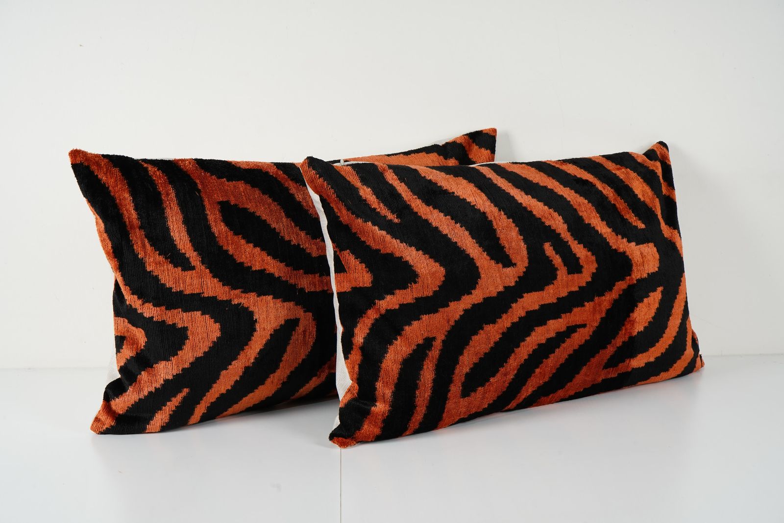 Silk Ikat Velvet Pillow Cover Set | Vermilion & Black Tiger Print Lumbar Pillows | Decorative Cushion Covers photo furniture