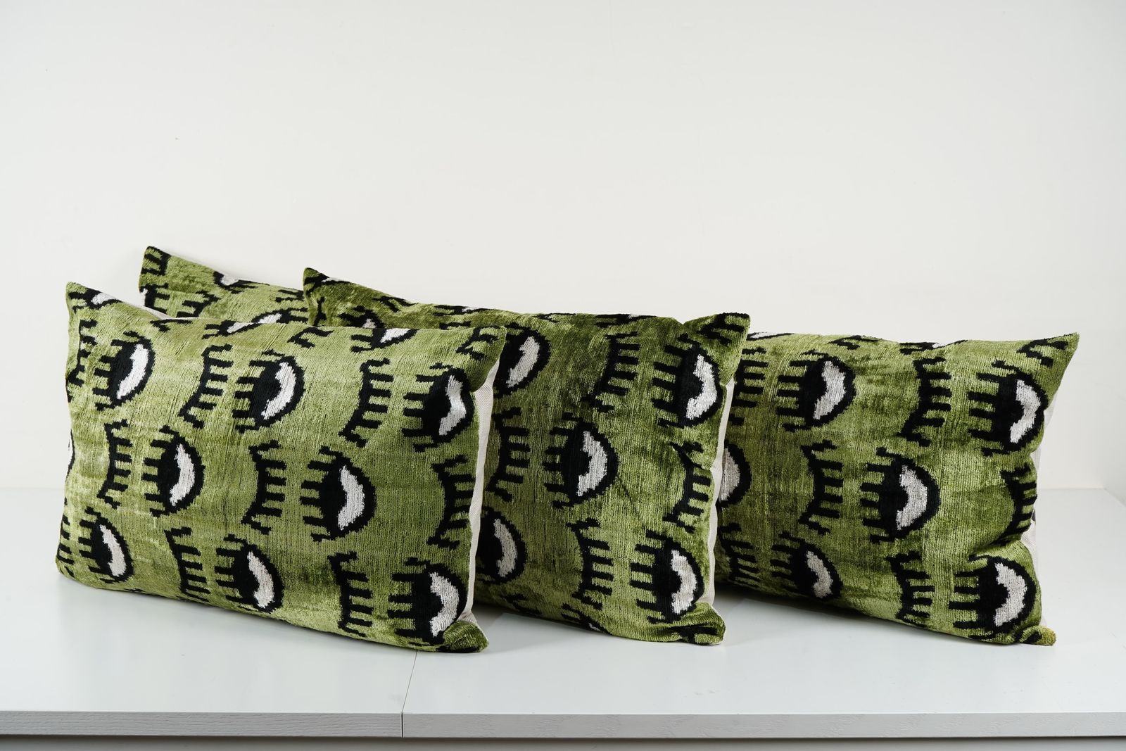 Green Silk Ikat Velvet Eye Bench Pillow Case   Set Of Three Evil Eye Boho Bedding Cushion Cover photo for sale