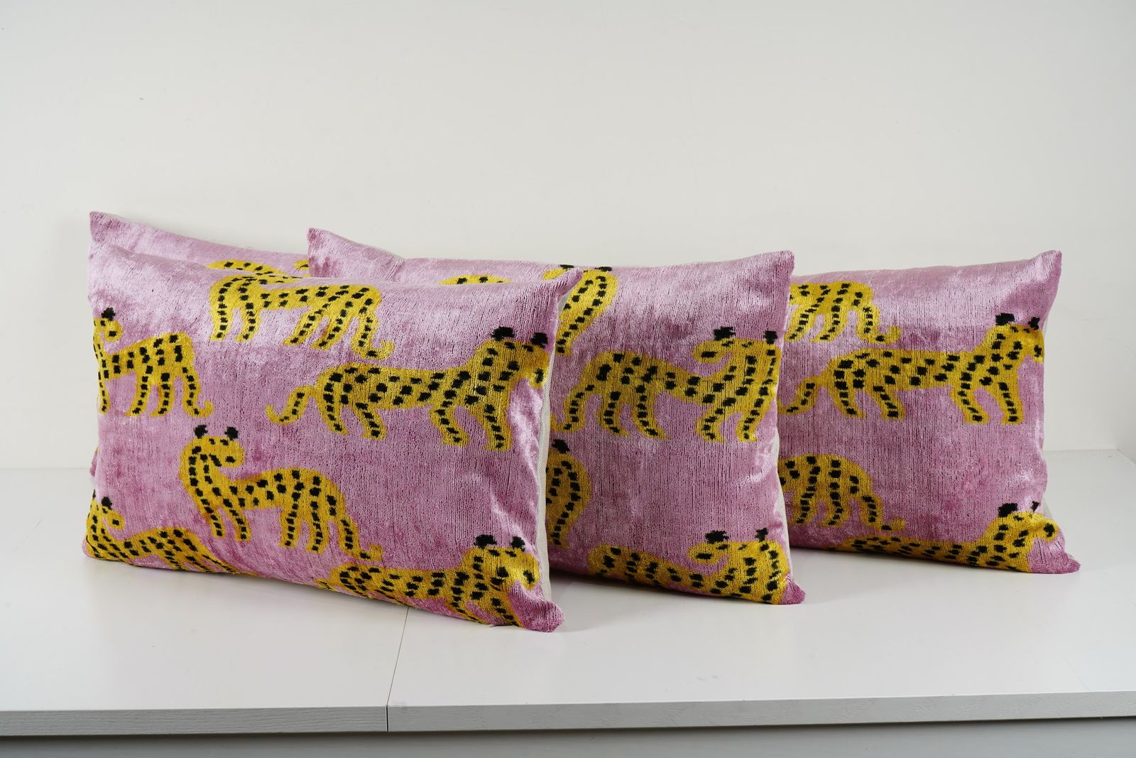 Pink Ikat Velvet Animal Print Pillow Covers   Set Of 3 Leopard Cheetah Cushion Covers   Boho Decorative Pillows photo vinterior