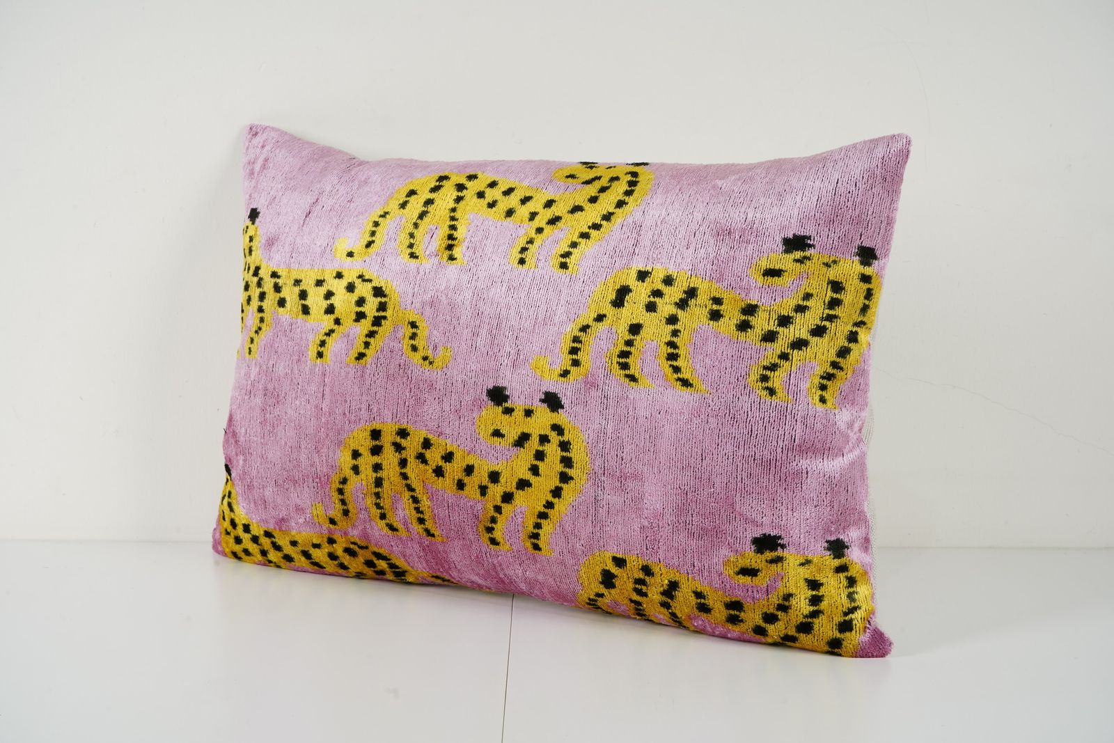 Pink Silk Ikat Velvet Pillow Cover With Cheetah Leopard Design   Boho Animal Print Decorative Cushion photo for sale