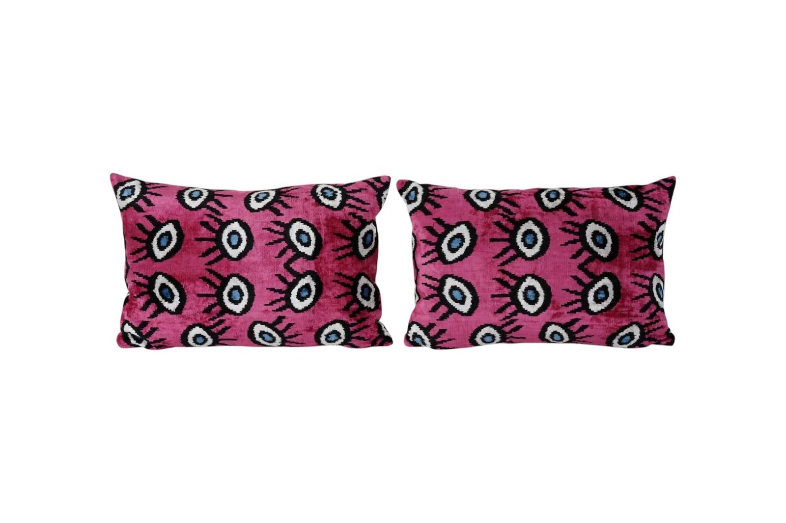 Pink Ikat Velvet Pillow Cover Set Of 2, Nazar Eye Pattern Bohemian Cushion Covers, Accent Throw Pillows For Sofa & Bedroom