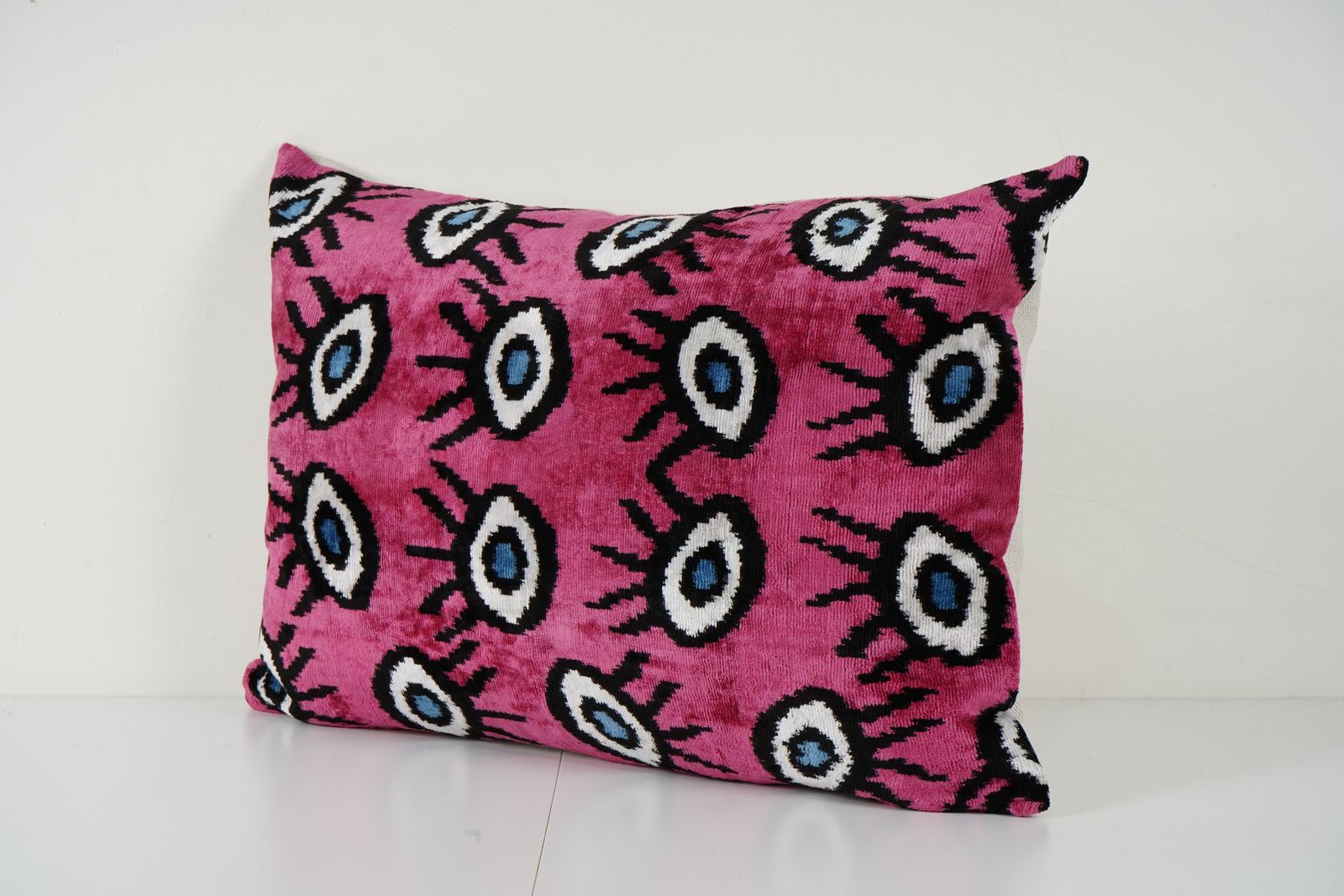 Evil Eye Silk Ikat Velvet Pillow Cover, Pink Boho Throw Cushion With Ikat Pattern, Decorative Home Decor Accent Pillow Gift photo Textiles