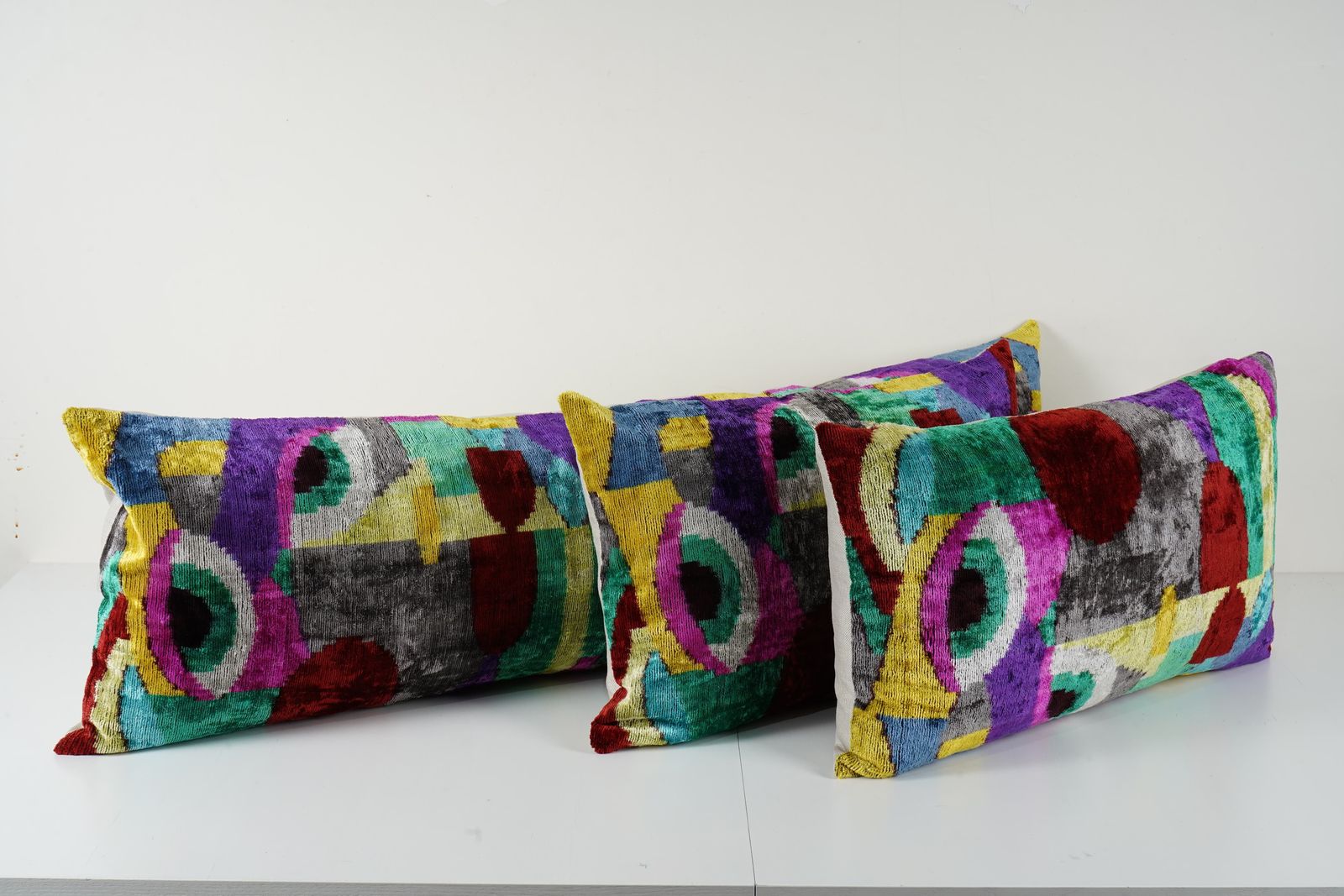 Silk Ikat Velvet Pillow Case, Set Of Three Colourful Extraordinary Design Velvet Bench Cushion photo furniture