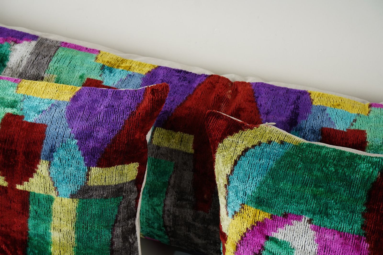 Silk Ikat Velvet Pillow Case, Set Of Three Colourful Extraordinary Design Velvet Bench Cushion photo 250.0