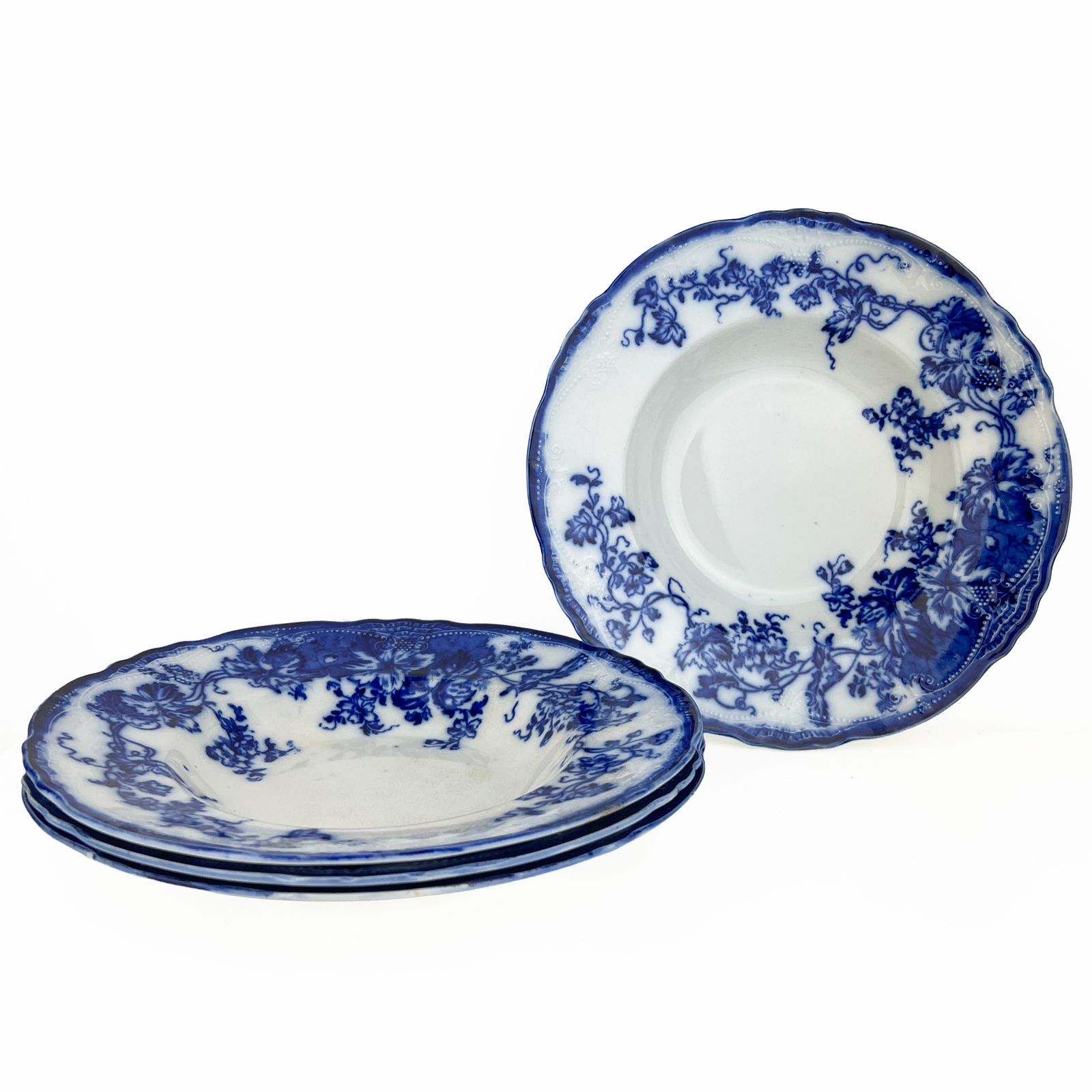 Set Of 4 Antique 19th Century Wedgwood Flow Blue Soup Plates