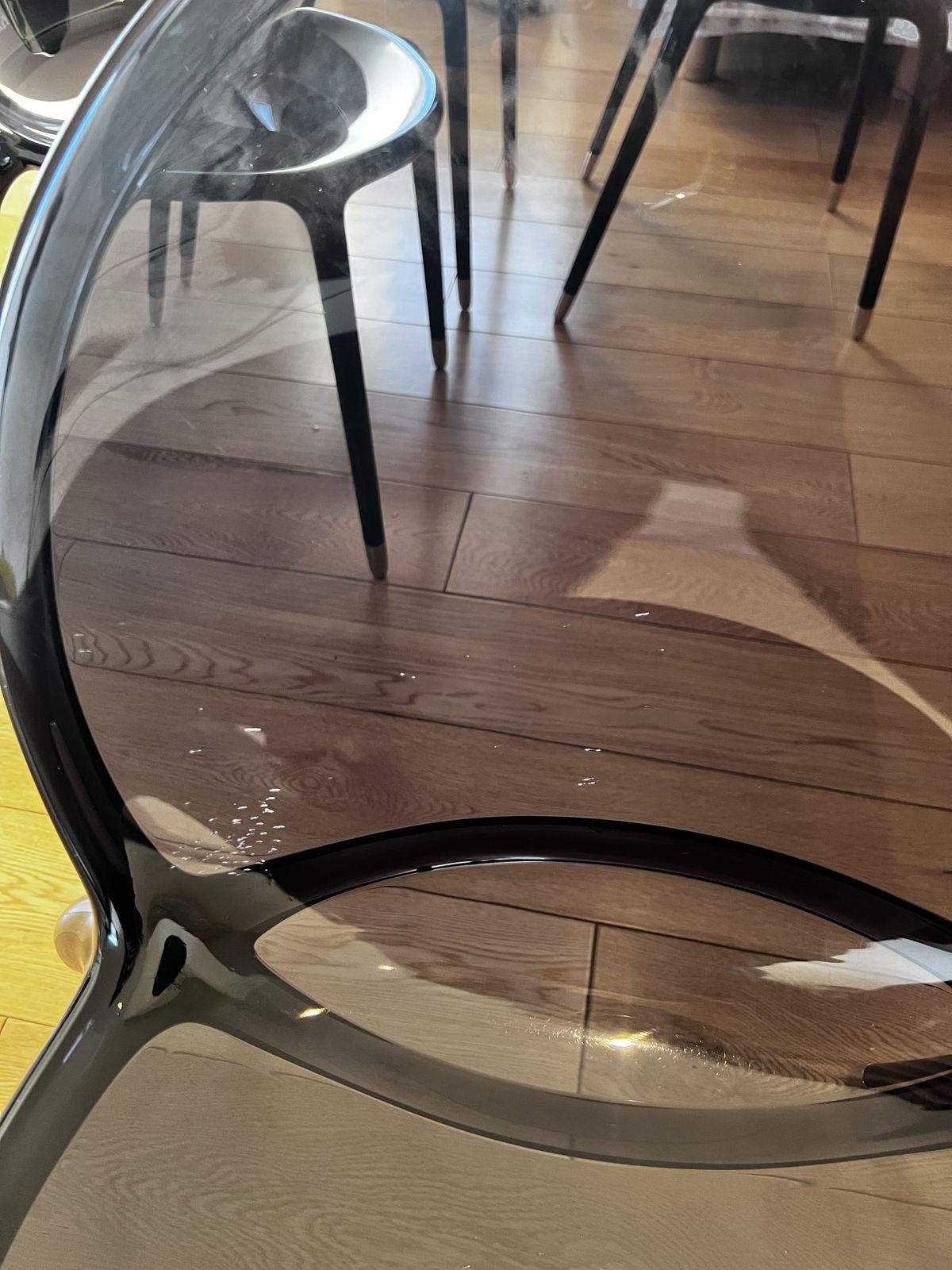Set Of 6 Roche Bobois ‘Loop’ Dining Chairs – Black Gloss With Polished Gold Feet
