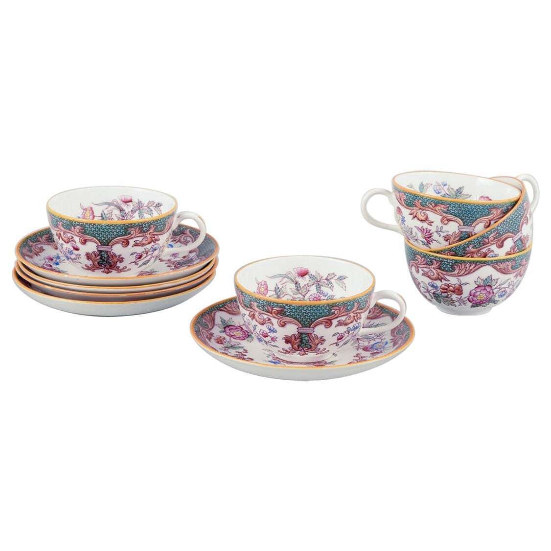 Rörstrand, Sweden. Set Of Five "Formosa" Coffee Cups With Saucers In Faience.