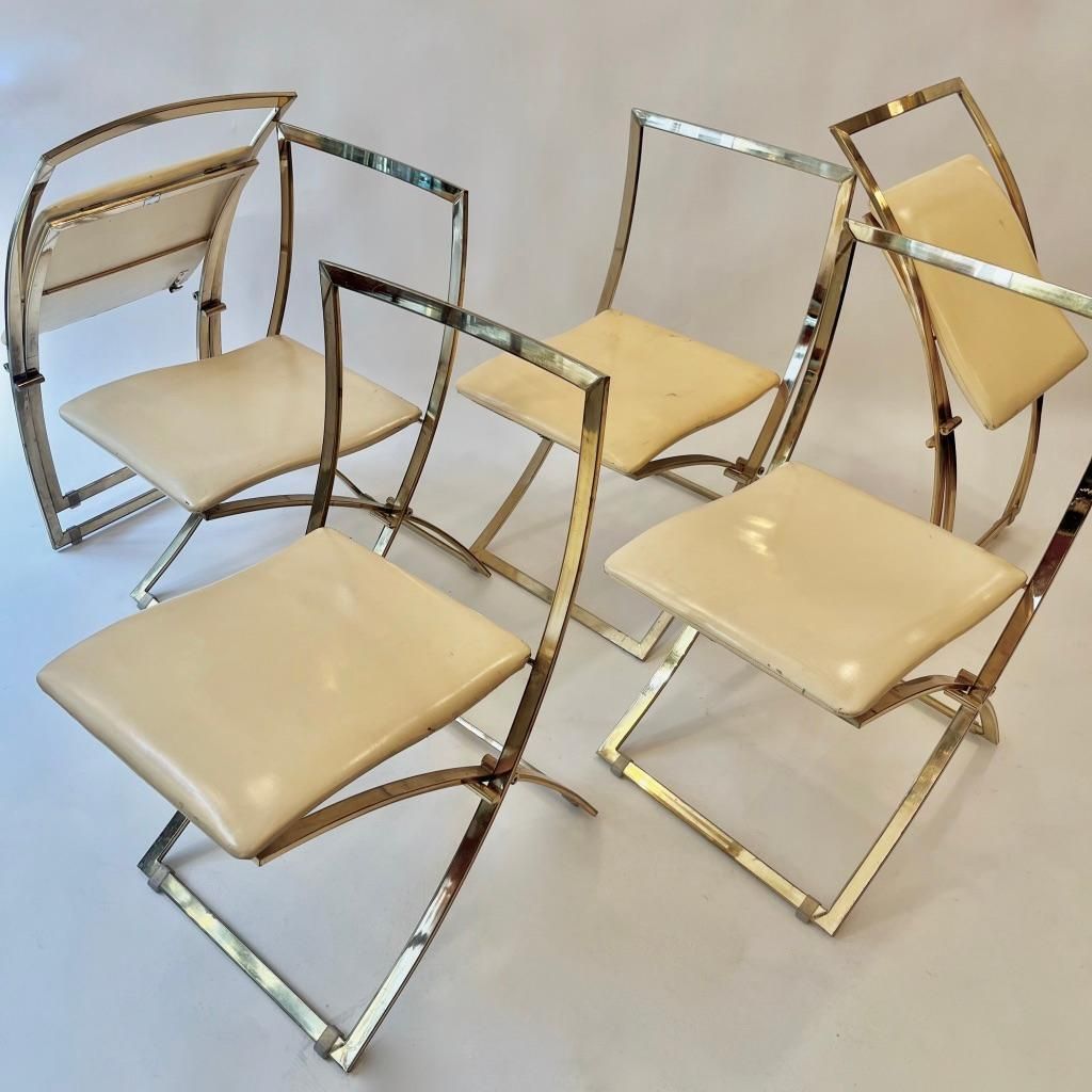 Set Of 6 "Luisa" Brass & Leather Dining Chairs By Marcello Cuneo, Italy Ca. 1970 photo buy