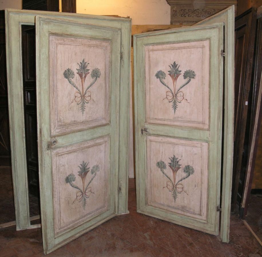 Set Of N.2 Doors Green And Pink With Frames, Hand Painted, Italy photo vinterior