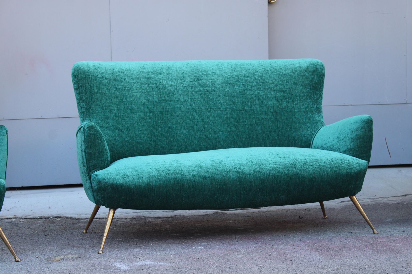 Sofa Set Italian Mid Centruy Armchairs Brass Feet Spiked Velvet Green photo Furniture