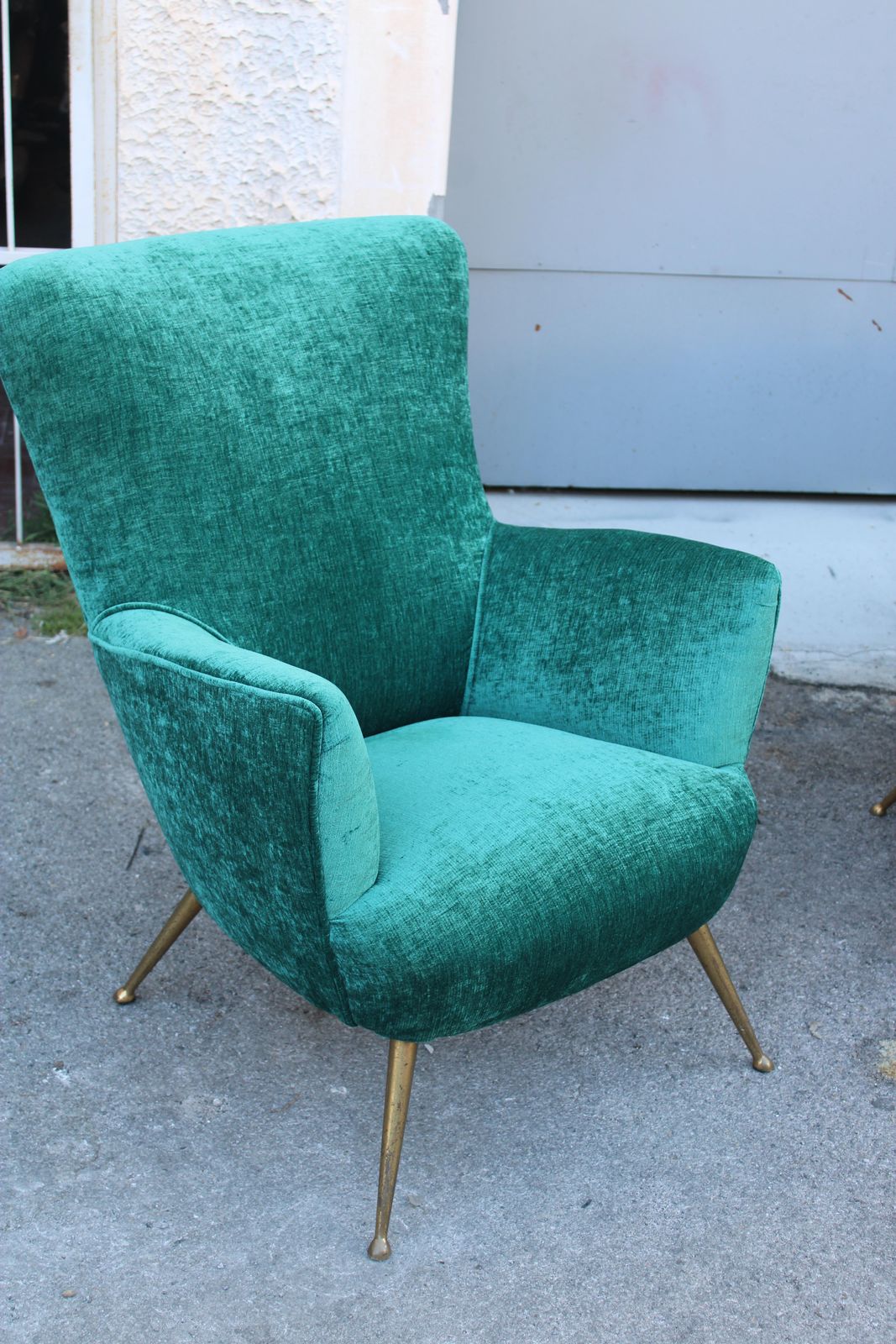 Sofa Set Italian Mid Centruy Armchairs Brass Feet Spiked Velvet Green photo vinterior