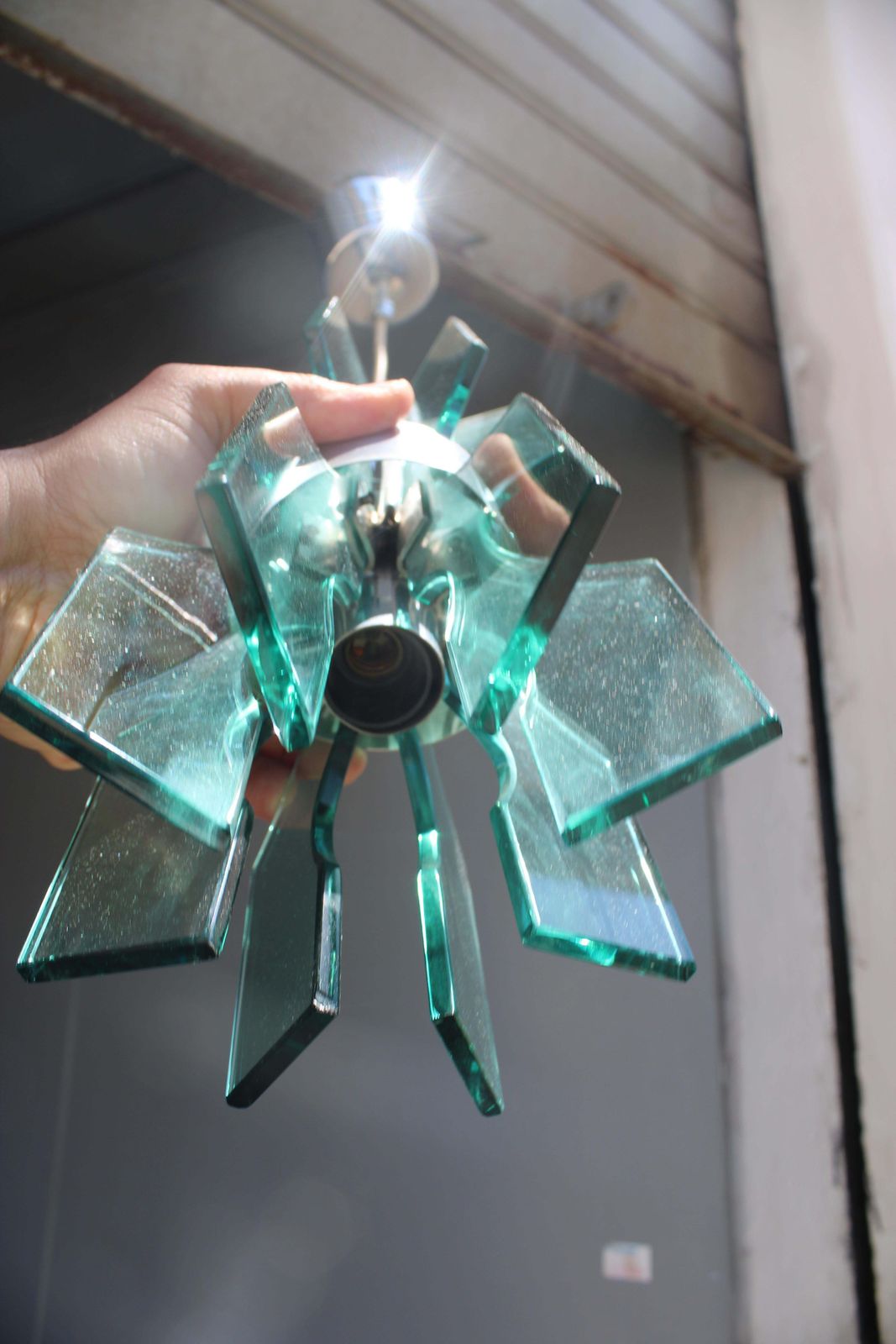 Minimal Small Chandelier Veca In Crystal Green Color 1960 Italy photo vinterior